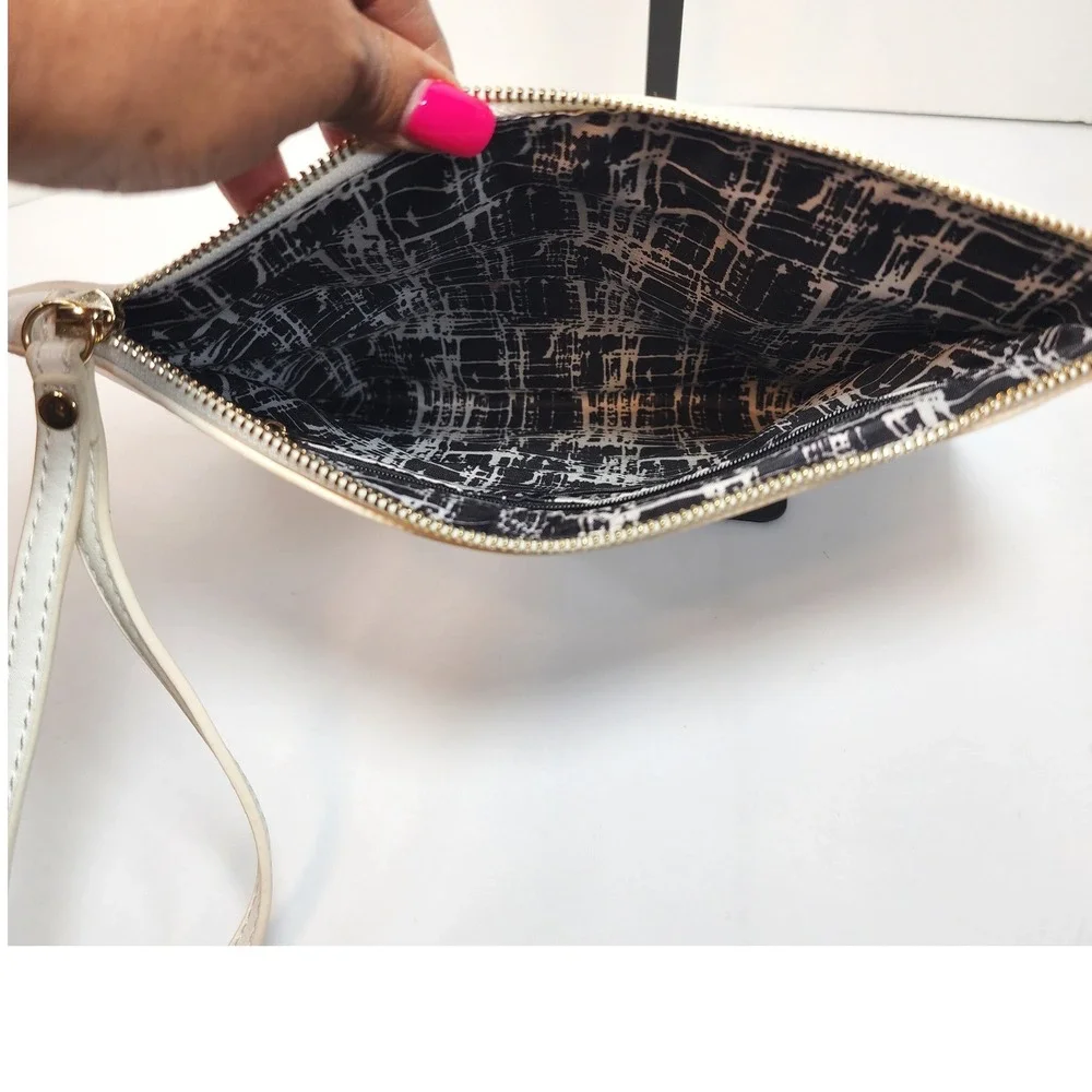 White Laser Cut Perforated Grommet Wristlet Clutch Bag with Gold Accents